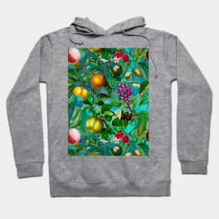 Vibrant tropical floral leaves and fruits floral illustration, botanical pattern, Turquoise Blue fruit pattern over a Hoodie